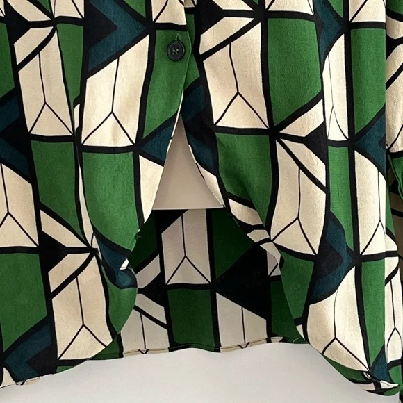 Zara Green Black Cream Geometric Printed Collared V-neckline Blouse Size Large - Picture 5 of 16